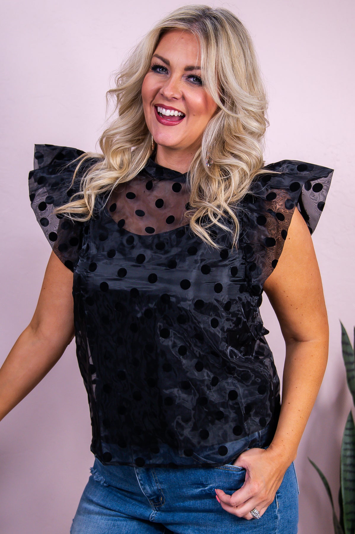 Posh Potential Black Sheer Polka Dot Top - T9950BK