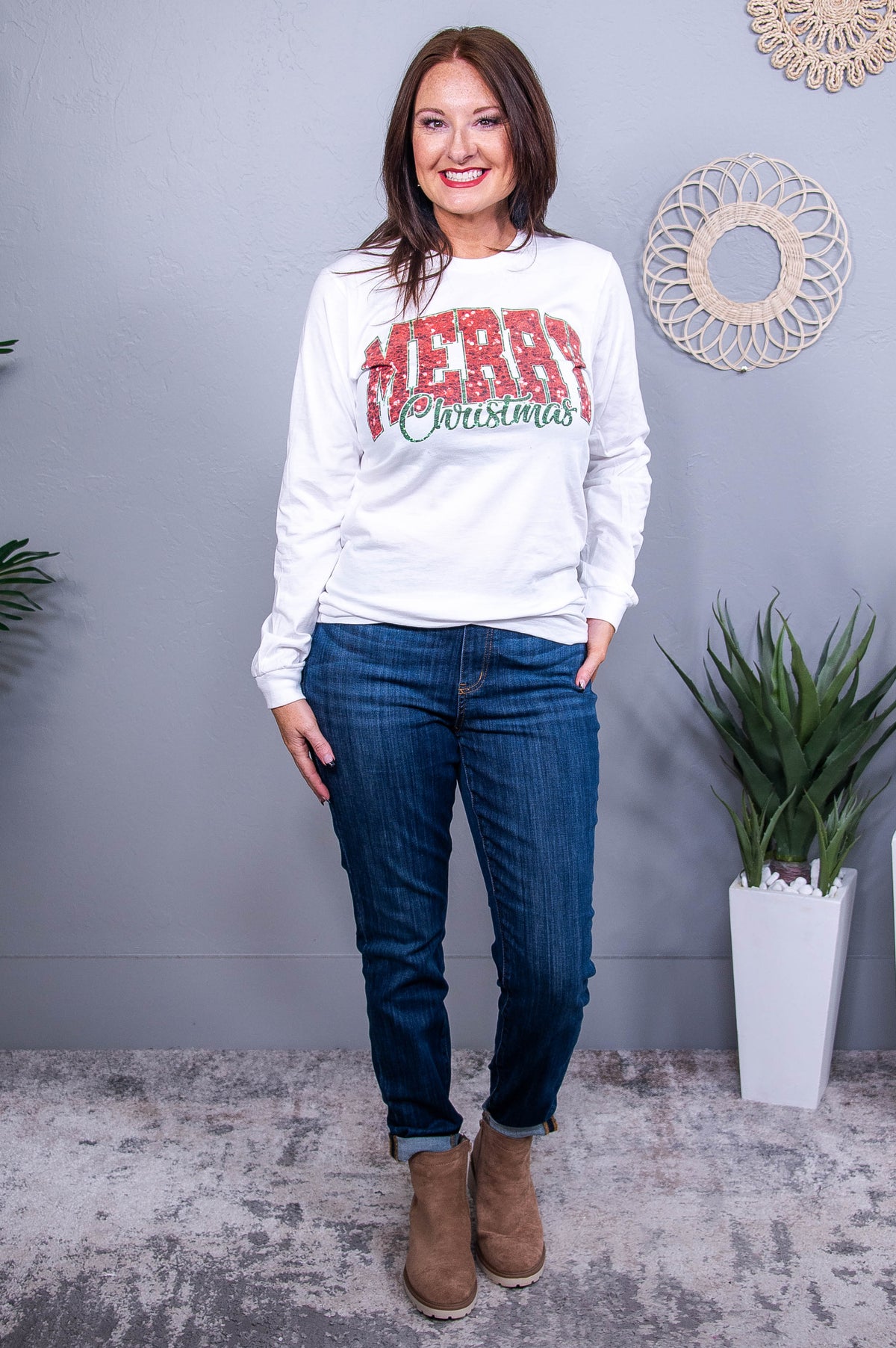 Merry Christmas White Long Sleeve Graphic Tee - A3720WH