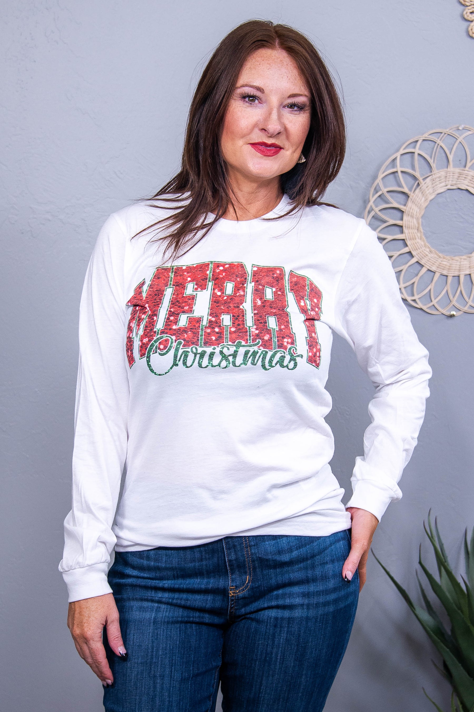 Merry Christmas White Long Sleeve Graphic Tee - A3720WH