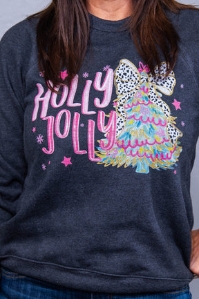 Holly Jolly Dark Heather Gray Christmas Tree/Bow Printed Graphic Sweater - A3708DHG