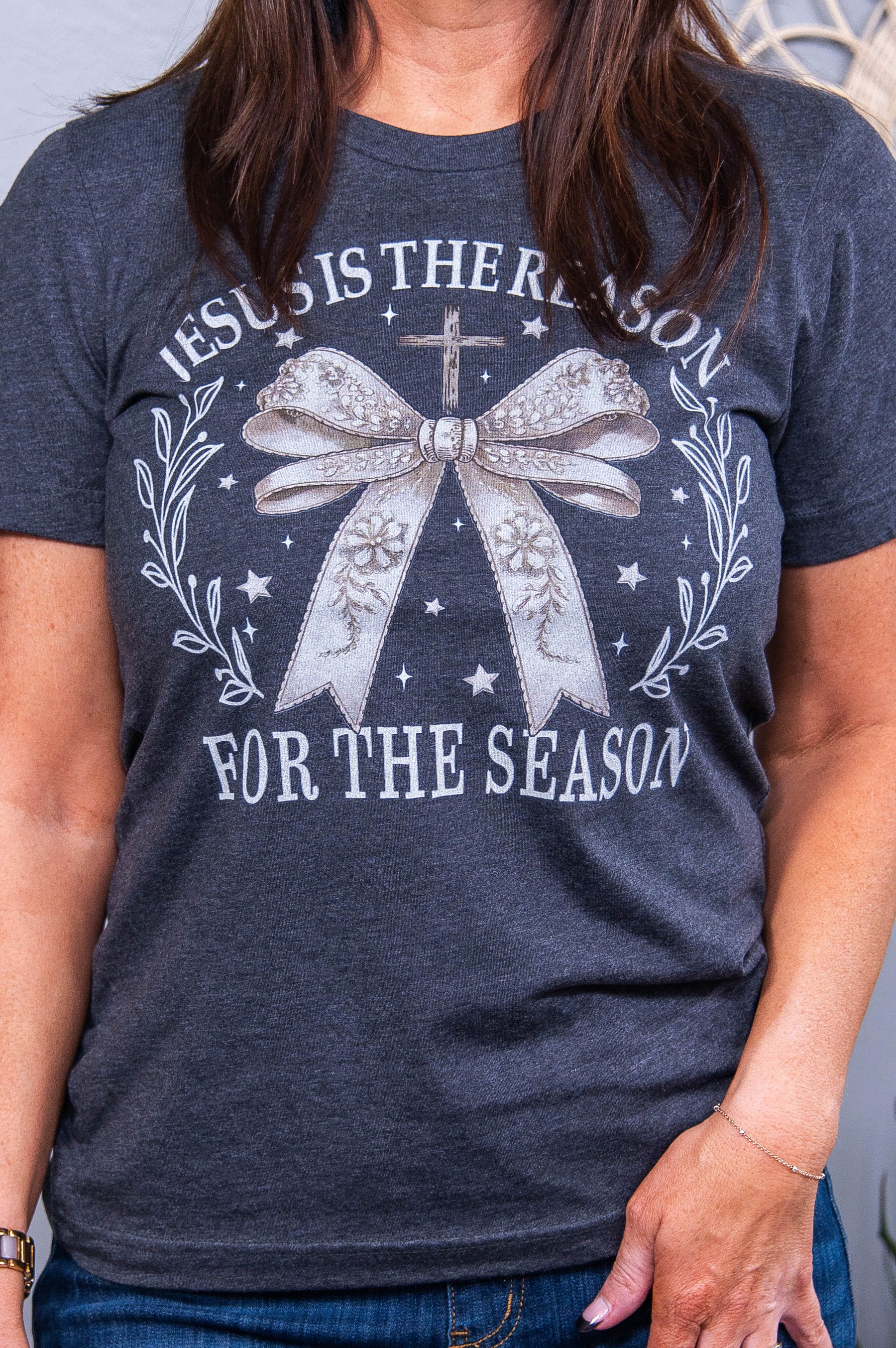 Jesus Is The Reason For The Season Dark Heather Gray Bow Graphic Tee - A3722DHG