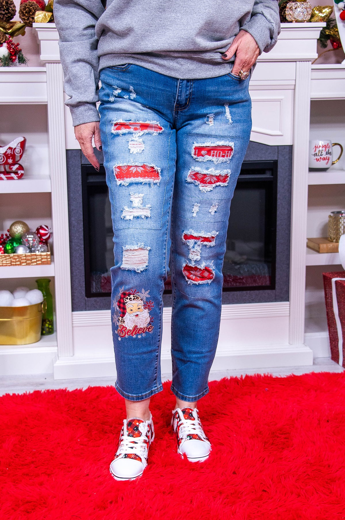 Noel Medium Denim/Red Distressed Christmas Patch Jeans - K1246DN