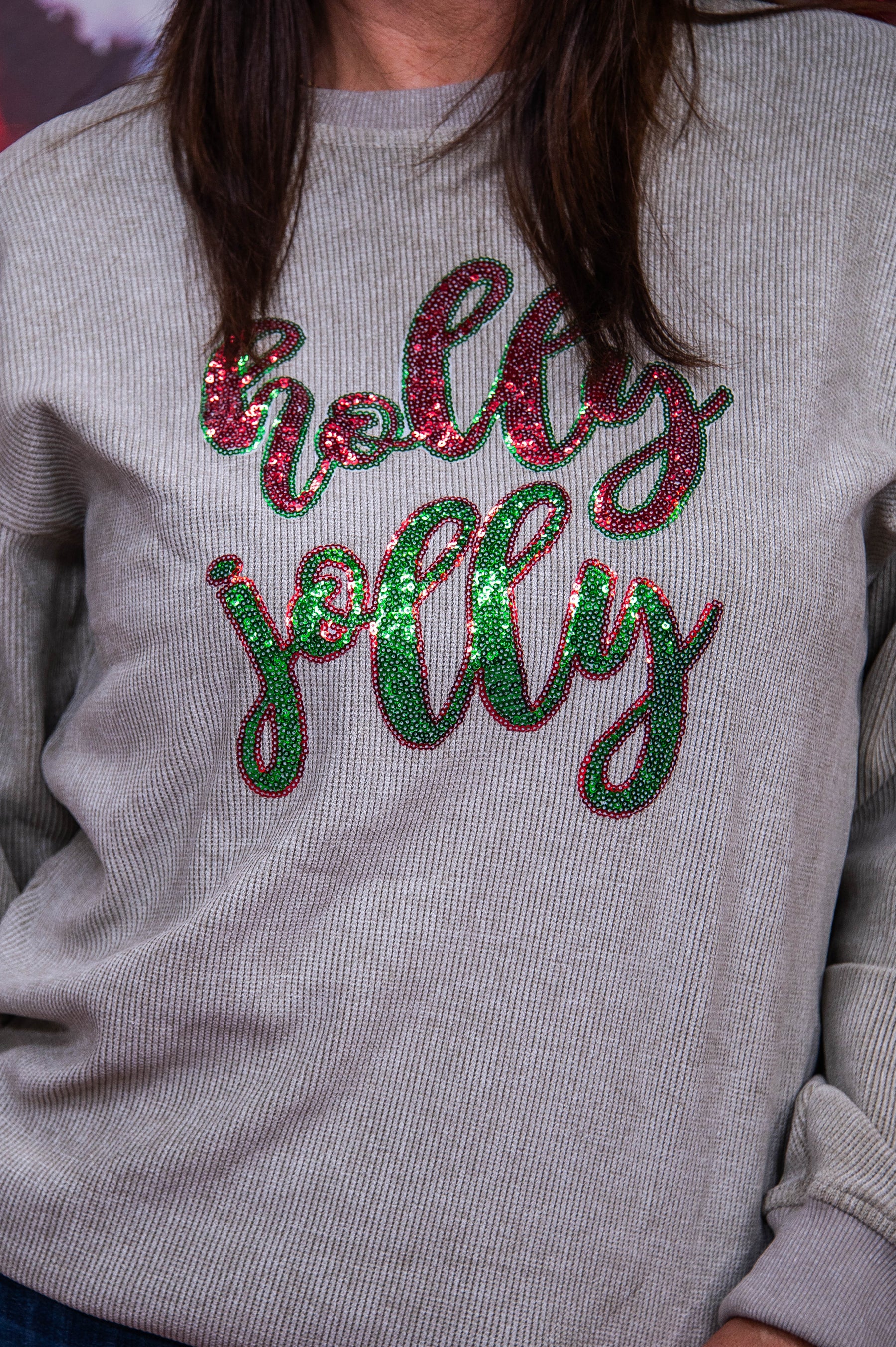 Holly Jolly Babe Gray/Green/Red Sequins Top - T10603GR