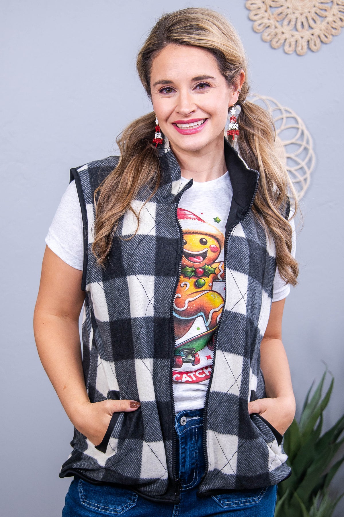 First Sign Of Winter White/Black Buffalo Plaid Vest - O5634WH