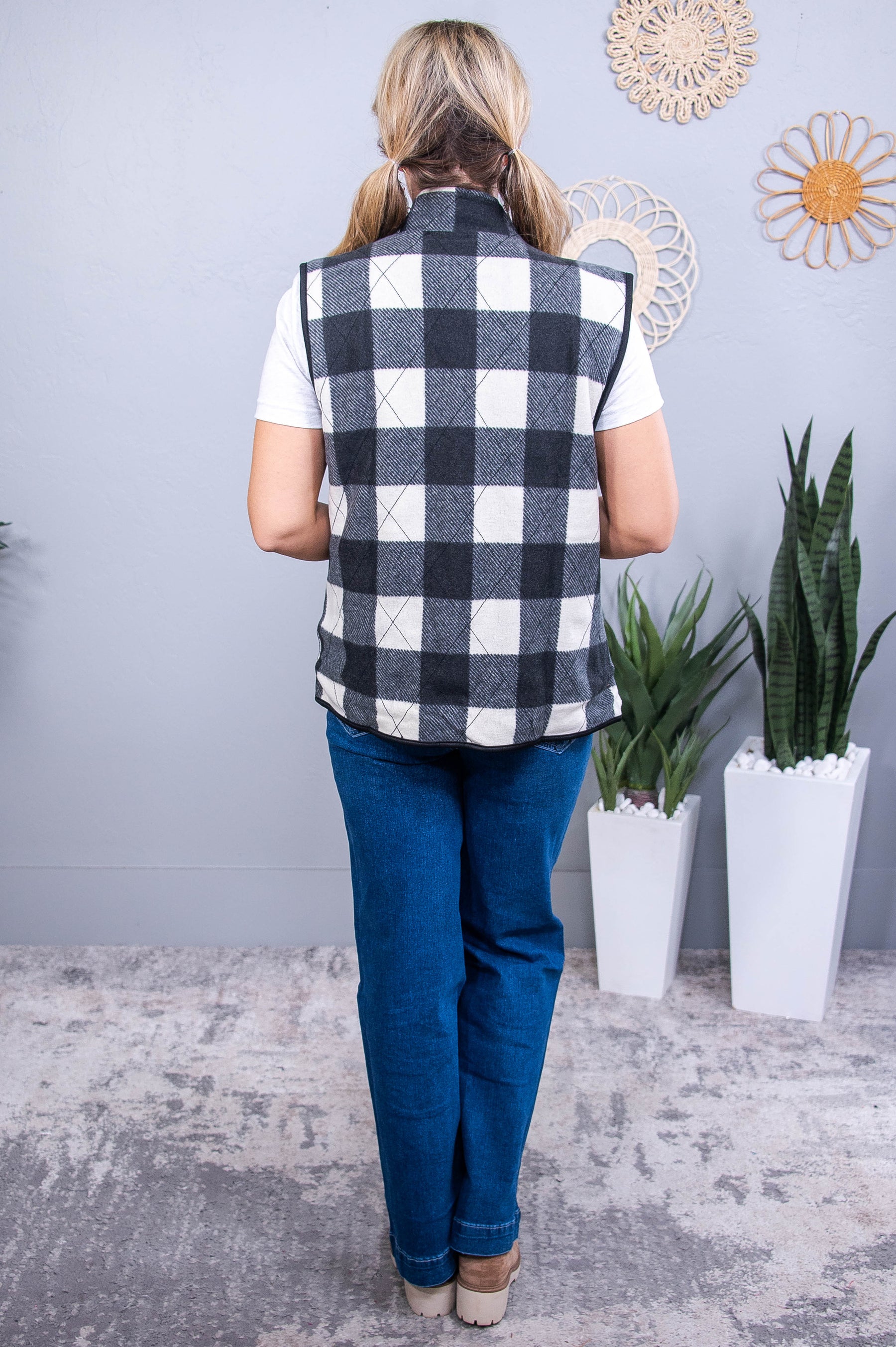 First Sign Of Winter White/Black Buffalo Plaid Vest - O5634WH