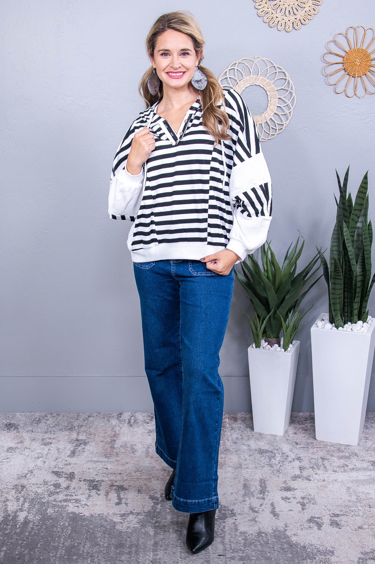 Ever So Posh Black/White Striped Hooded Top - T10623BK