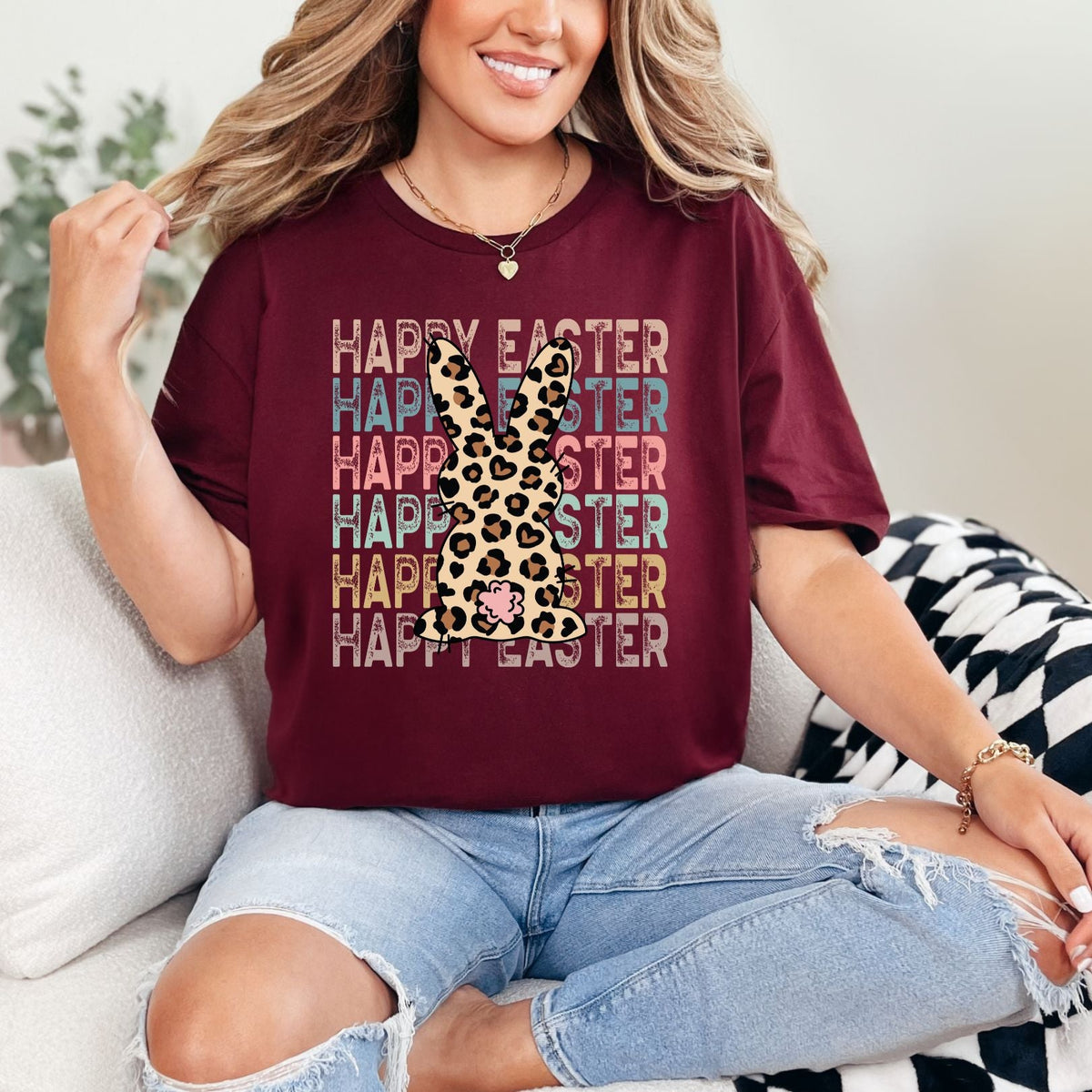 Maroon Bunny Happy Easter Graphic Tee