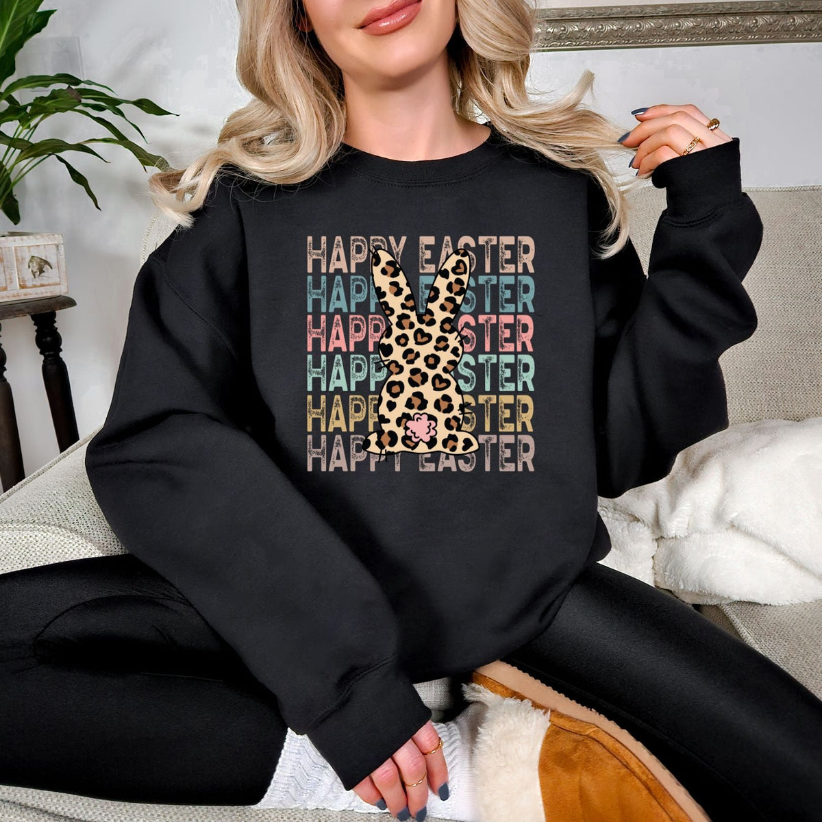 Black Bunny Happy Easter Graphic Sweatshirt