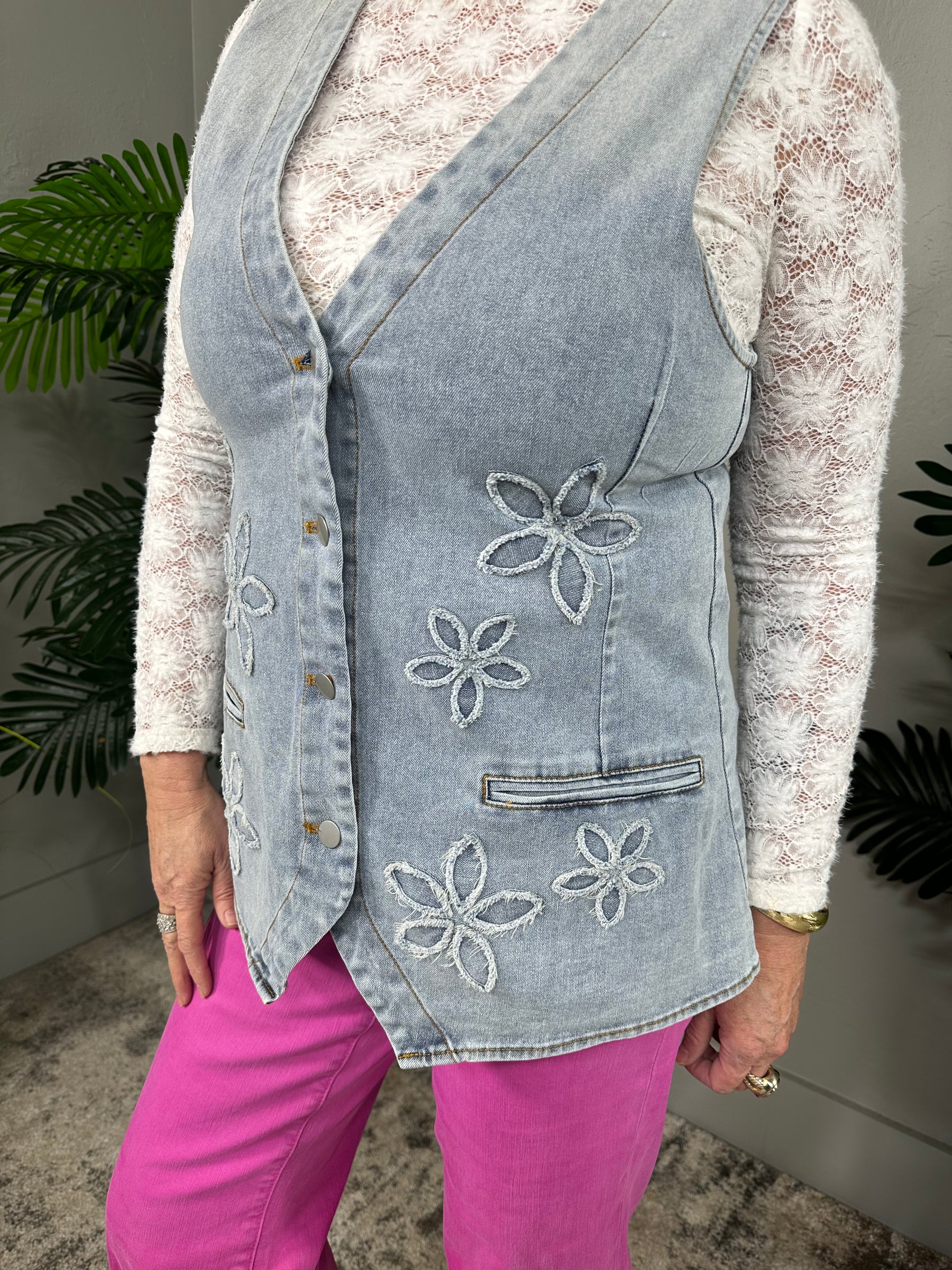 Our Love Is In Full Bloom Light Denim Embroidered Vest - O5704DN