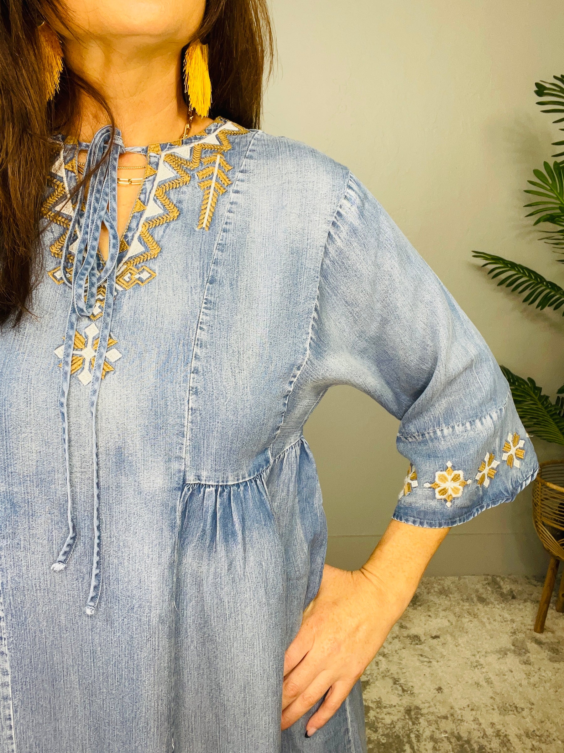 She Is The Moment Denim Embroidered Dress - D5560DN