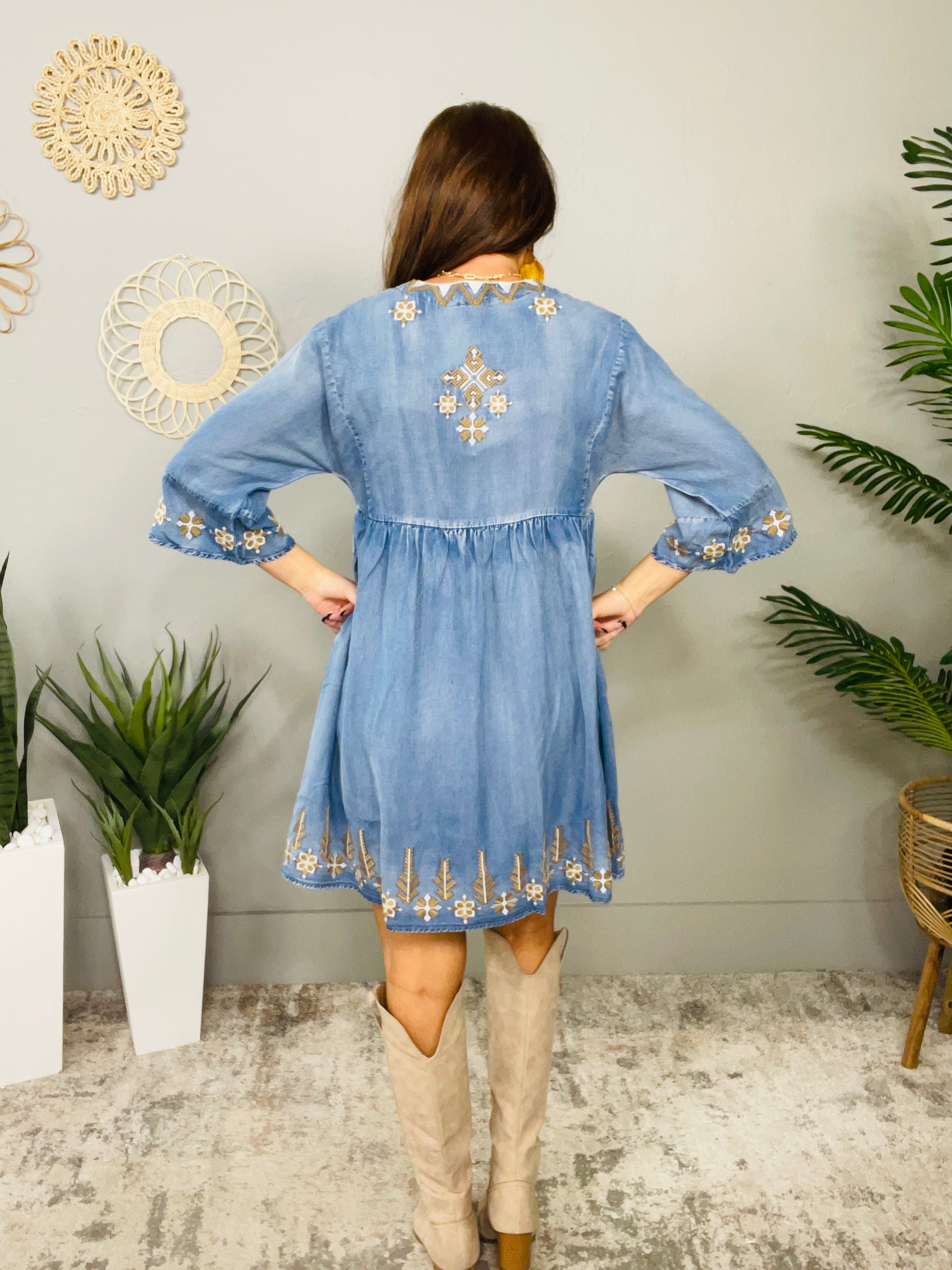 She Is The Moment Denim Embroidered Dress - D5560DN