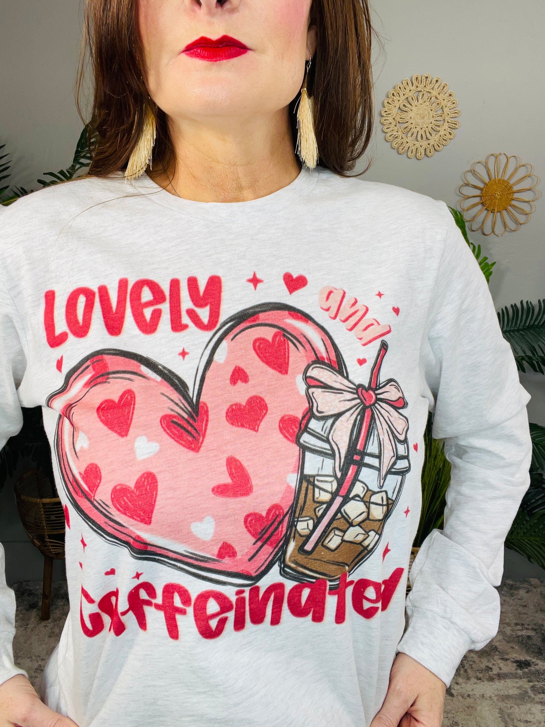 Lovely & Caffeinated Ash Printed Long Sleeve Graphic Tee - A3908AH