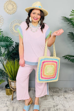 Set The Mood Pink Corded Colorblock Top and Pant Set
