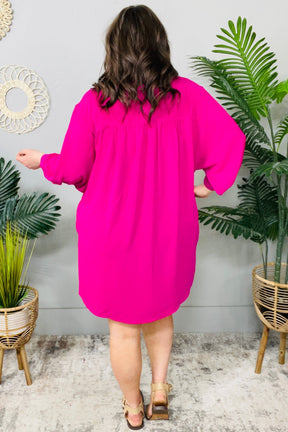 Signature Style Hot Pink 3/4 Sleeve Buttoned Shirt Dress