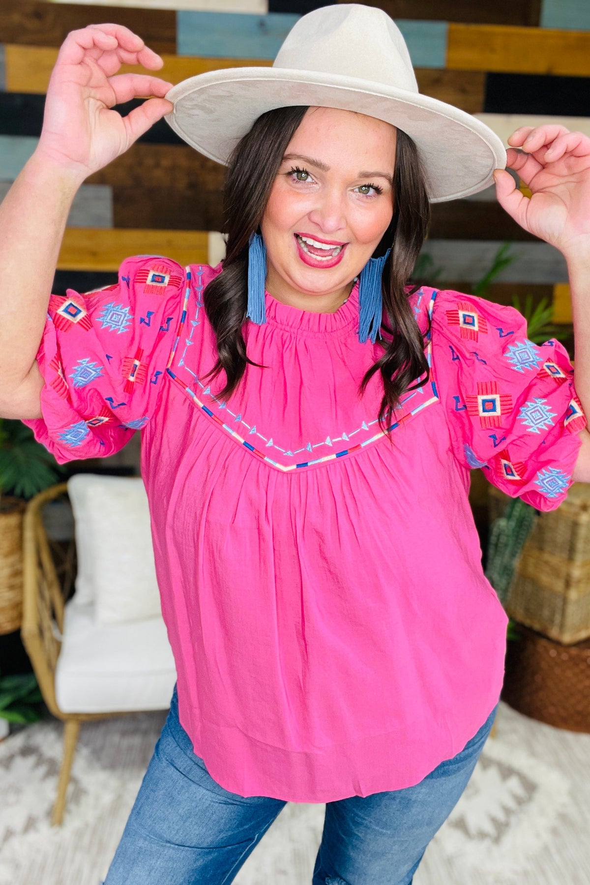 Girly Chic Hot Pink Embroidered Puff Sleeve Top