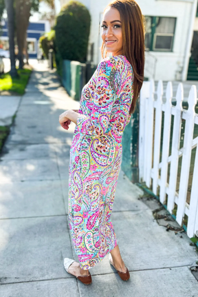 Follow Me Round Neck Paisley Print Pocketed Midi Dress