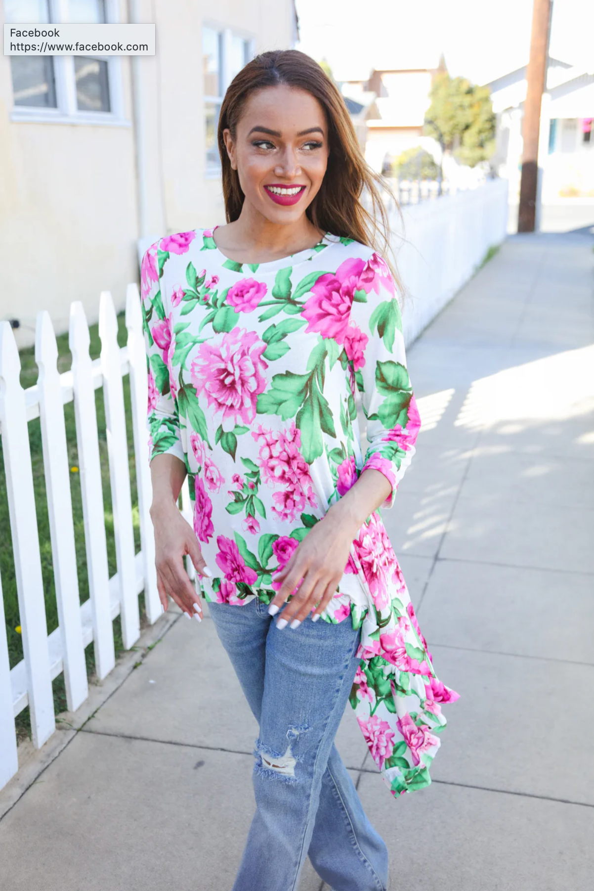 Be Bold Ivory Big Floral Hi-Lo Ruffle Hem Knit Top