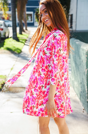 Effortlessly Chic Red High-Neck Ribbon Tie Floral Tunic Midi Dress