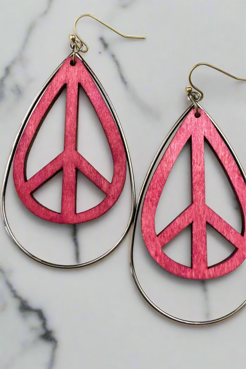 Burgundy Peace Sign Teardrop Earrings - EAR4483BU