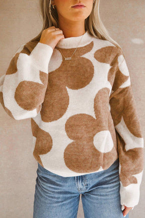 Timeless Chic Khaki Flower Pattern Sweater