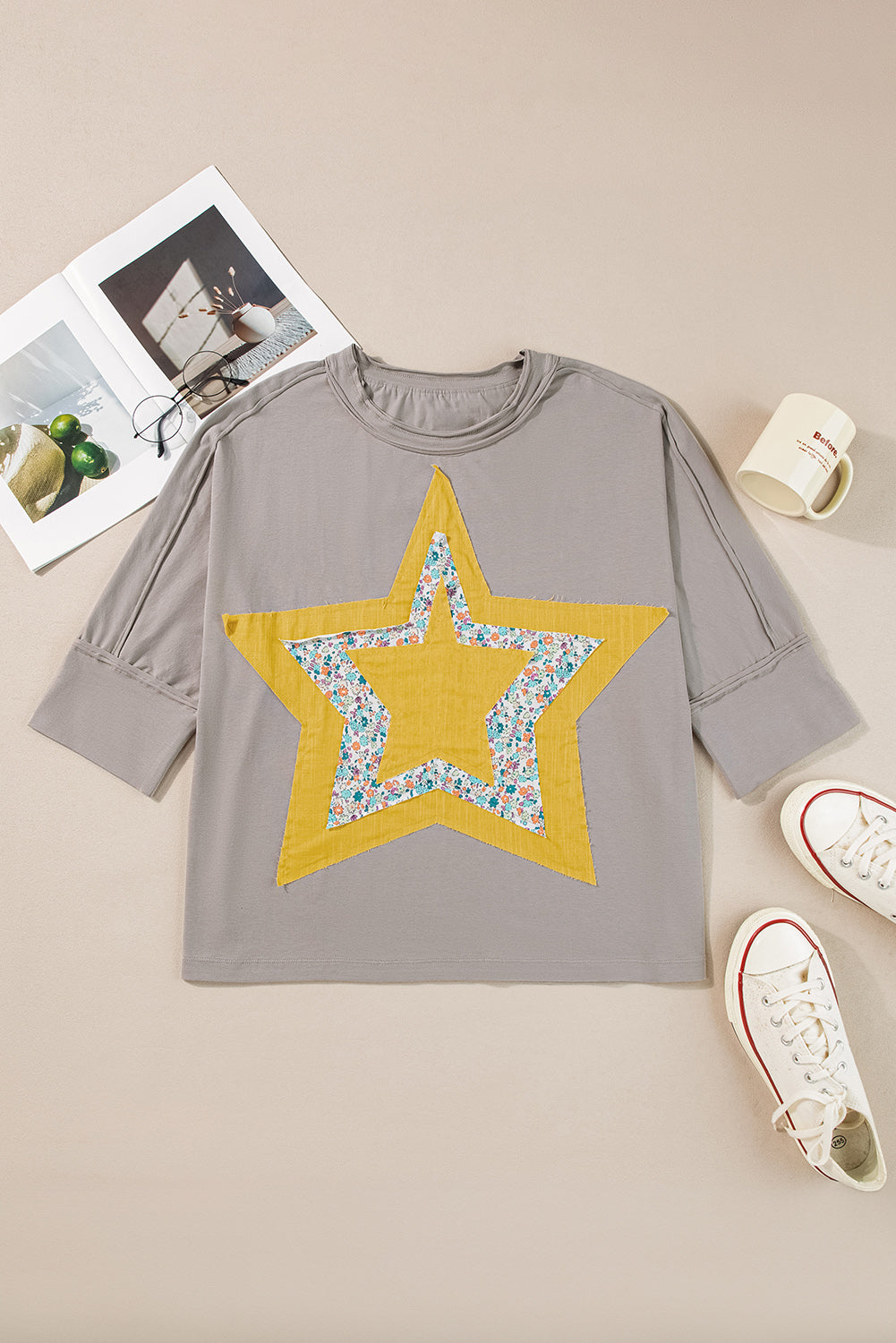 Waiting On A Shooting Star Medium Grey Floral/Star Top