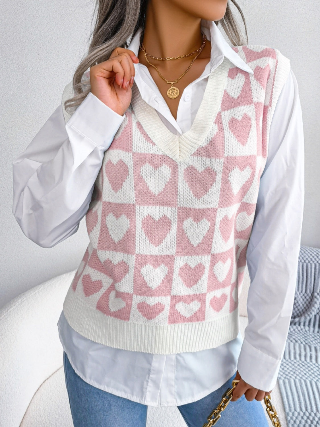 She's A Heartbreaker Heart Printed V-Neck Sweater Top(3 Colors)