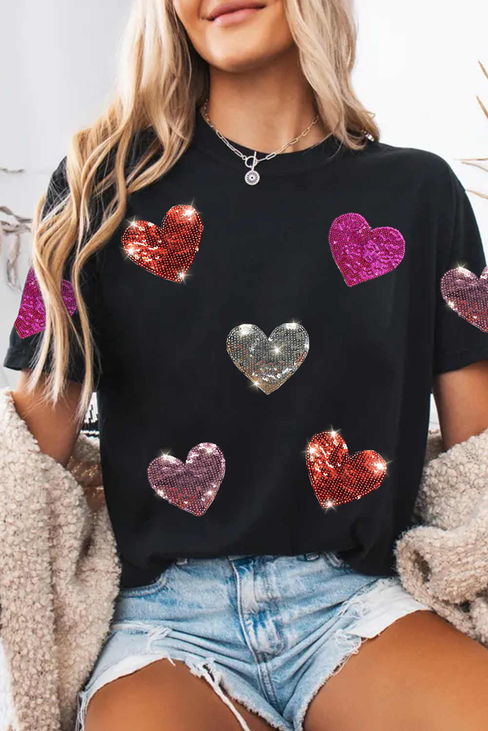 Black Sequin Heart  Valentine Top