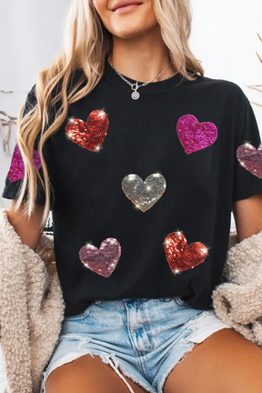 Her Heart Shines Bright Black Sequins/Heart Printed Top