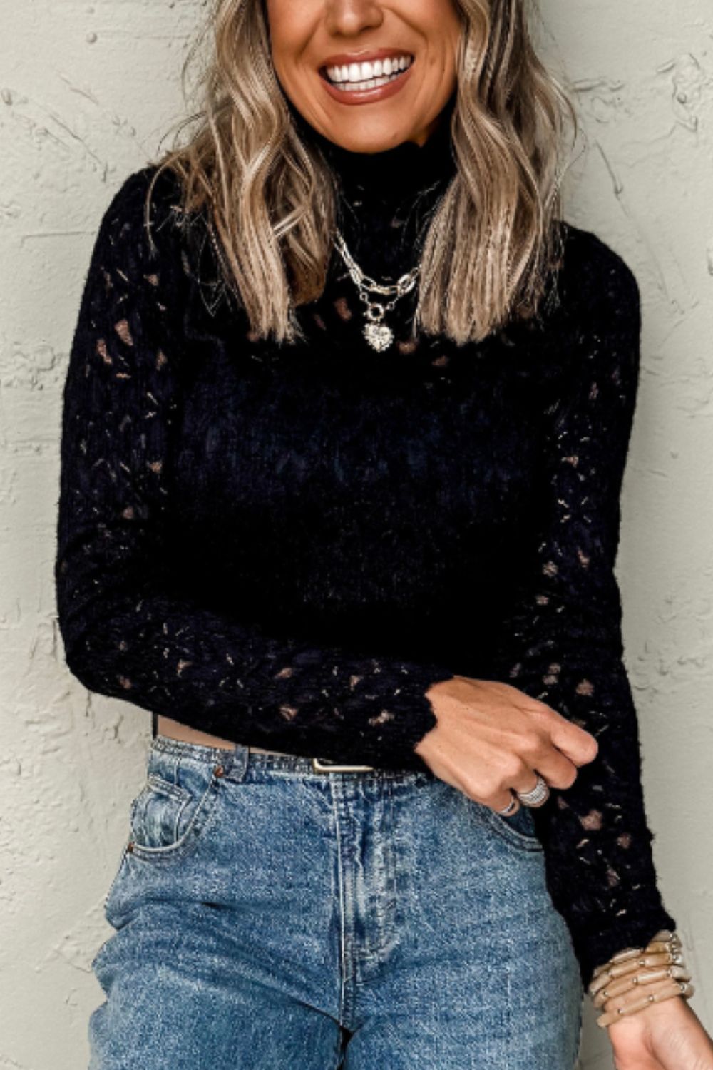 Timeless Grace Crochet Turtleneck Long Sleeve Top