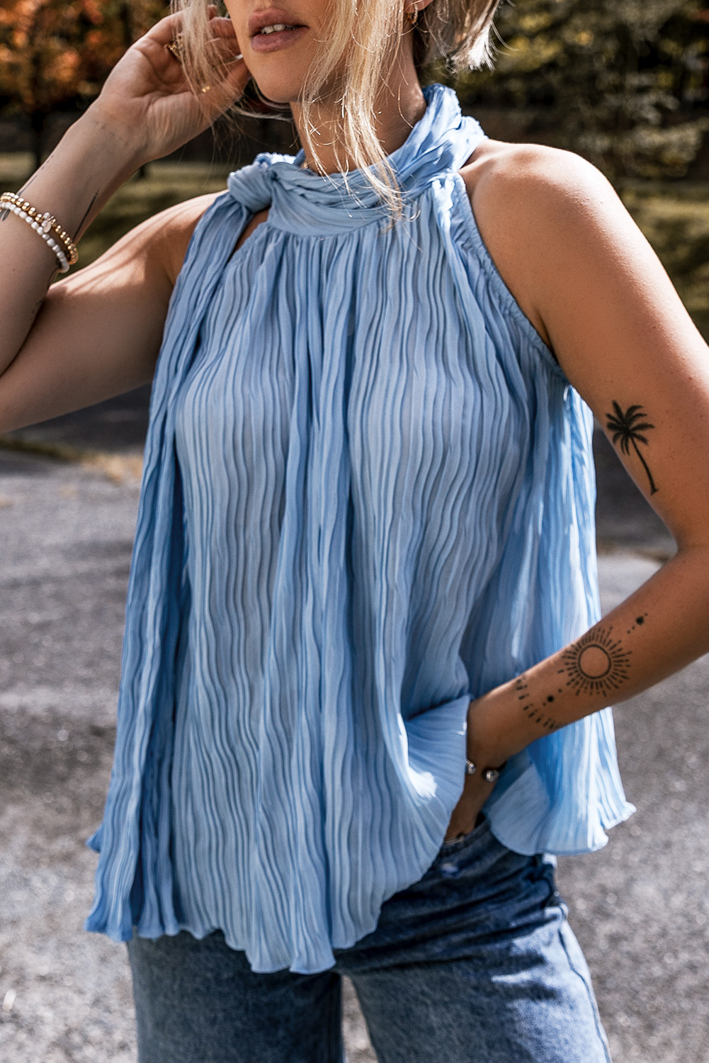 Look At Me Now Textured Pleated Mock Neck Flowy Top