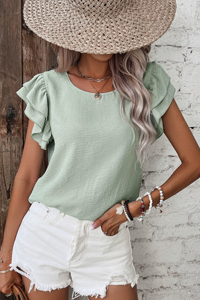 Aqua- Fresh Solid Color Ruffled Short Sleeve Casual Blouse