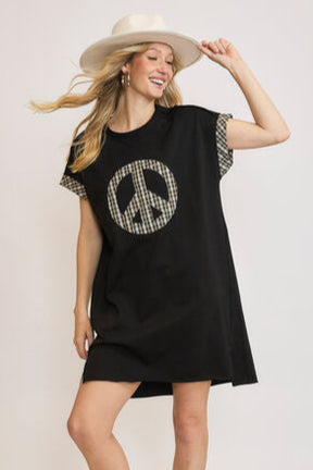 Let Peace Reign Plaid Applique Short Sleeve Mini Dress