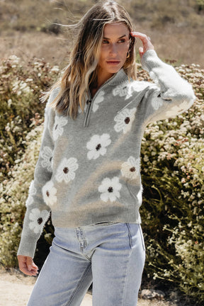 I've Got The Flower Gray Floral Half Zip Sweater