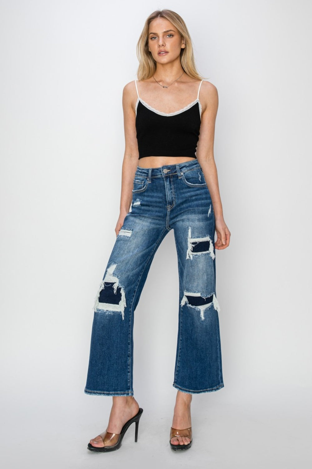 Jordan High Rise Patch Detailed Wide Leg Crop Jeans