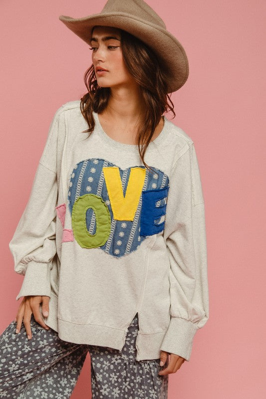 Love You More Heart Patch Slit French Terry Sweatshirt