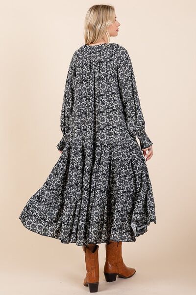 Flowing Flowers Tie Neck Flounce Sleeve Dark Navy Midi Dress - D55596NV