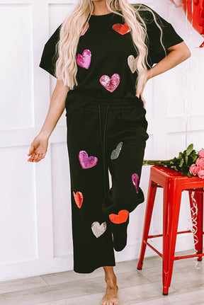 Don't Go Breaking My Heart Black Sequins/Heart Printed Top/Pant(2pc Set)