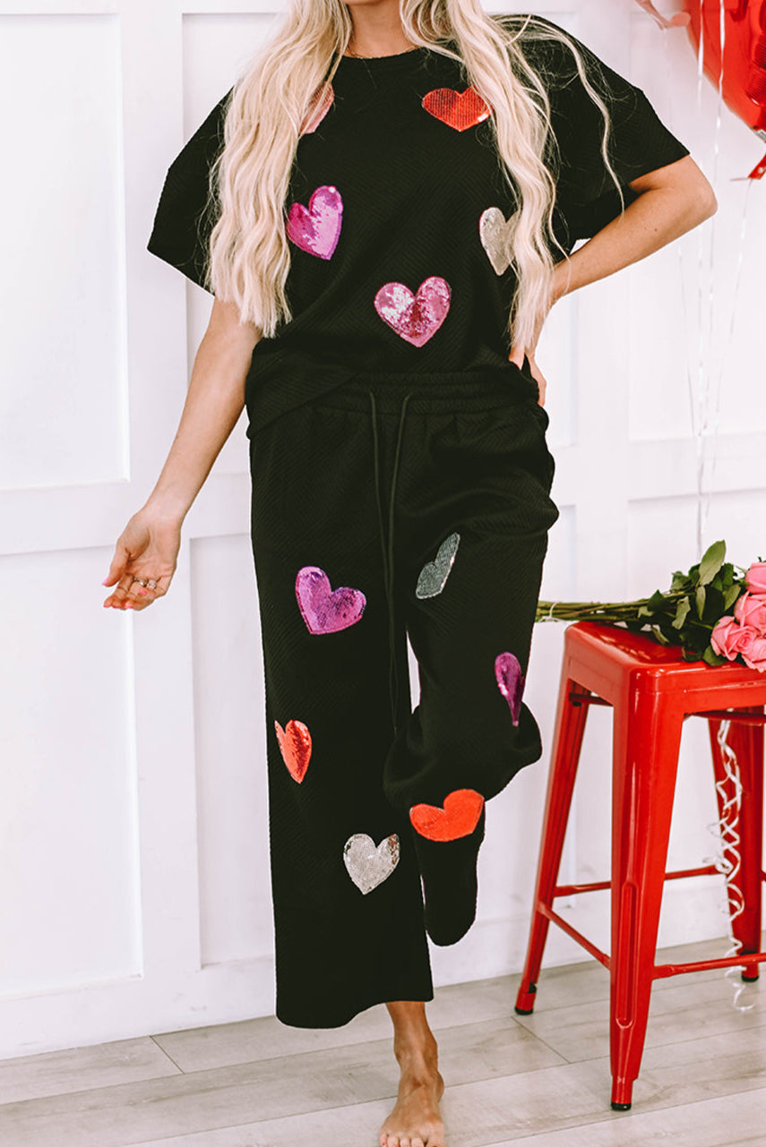 Black Sequin Heart  Textured 2pc Set