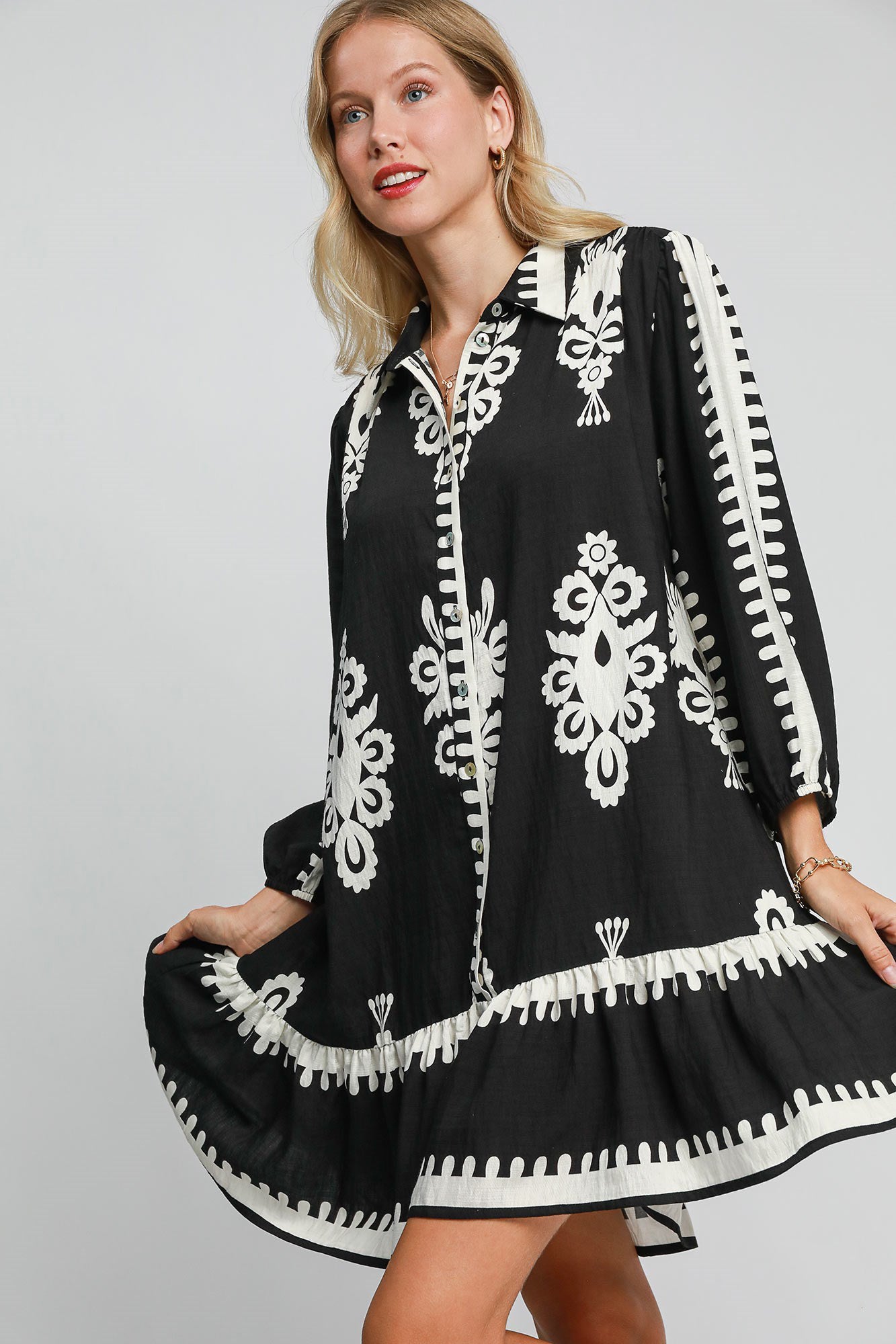 Borderline  Print Button Down Ruffled Hem Dress