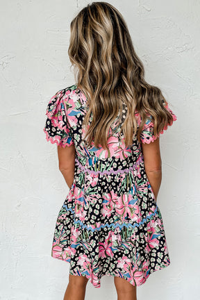 Floral And Fabulous Ricrac Embellished Tiered Mini Dress