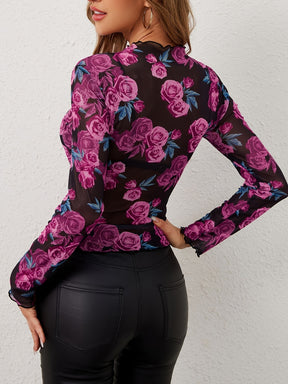 Sheer Sensation Floral Mock Neck Long Sleeve Top