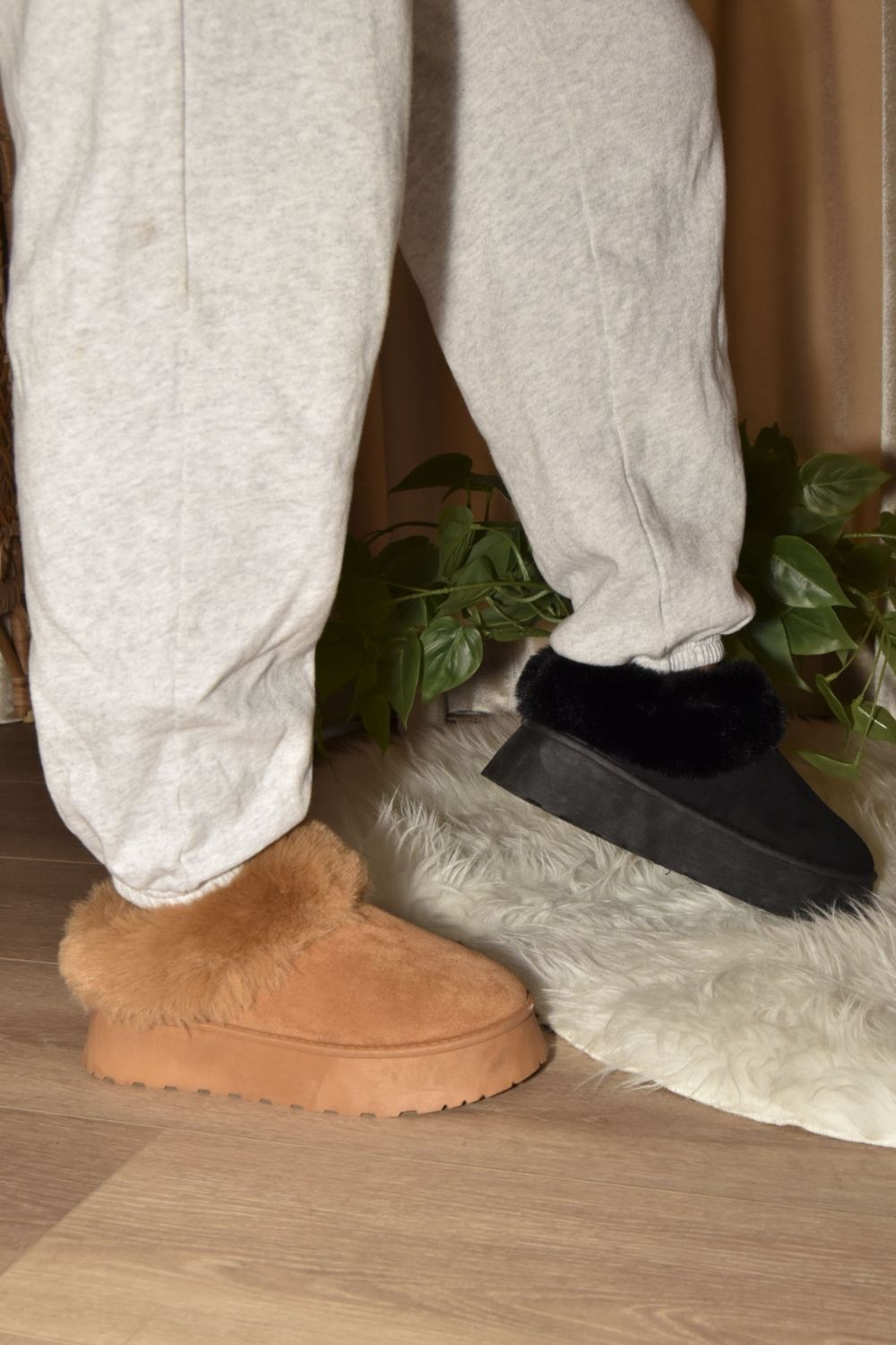 Warm And Fuzzy Camel Faux-Fur Platform Slip On Booties