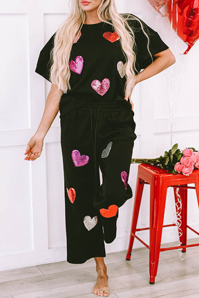 Don't Go Breaking My Heart Black Sequins/Heart Printed Top/Pant(2pc Set)