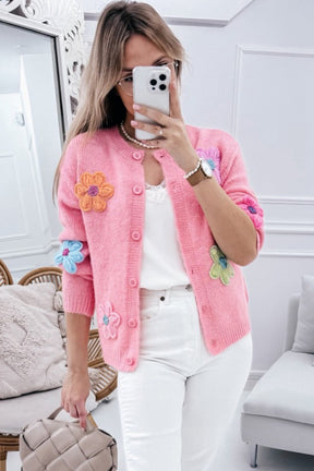 Living In A Floral Paradise Pink Cute Knitted Floral Cardigan