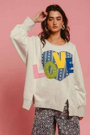 Love You More Heart Patch Slit French Terry Sweatshirt