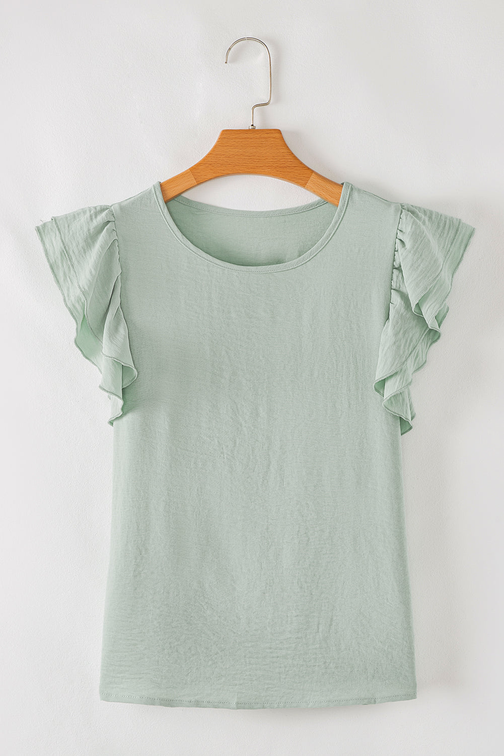 Aqua- Fresh Solid Color Ruffled Short Sleeve Casual Blouse