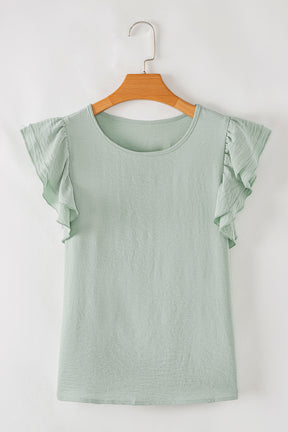 Aqua- Fresh Solid Color Ruffled Short Sleeve Casual Blouse