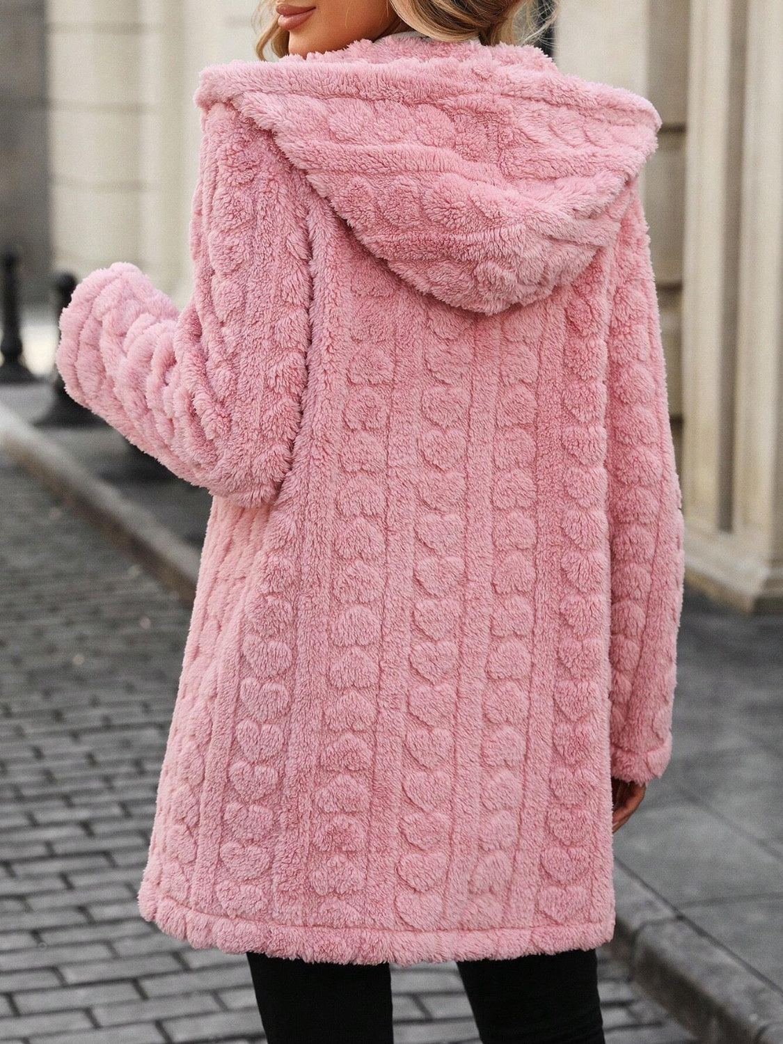 Spread More Love Heart Printed Hooded Fuzzy Coat