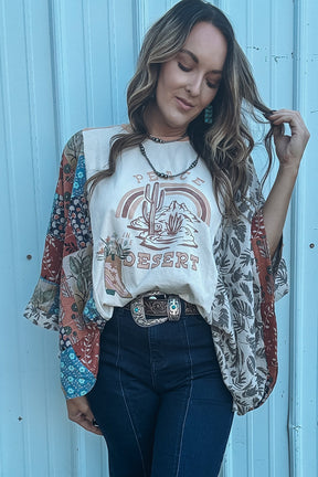 Peace In the Desert Asymmetric Printed Patchwork Top