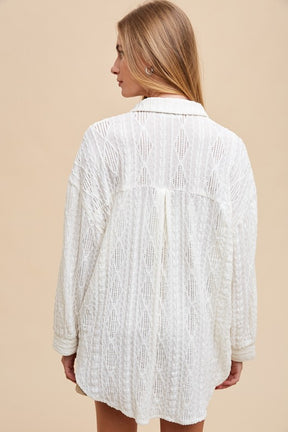 Basic Beauty Openwork Button Down Drop Shoulder Shirt